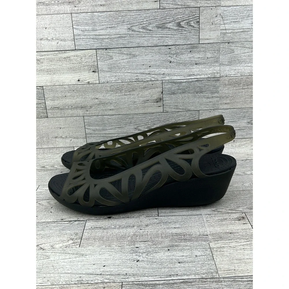 Crocs Adrina‎ III Peep Toe Wedge Sandals Army Green Black Womens 9 14937